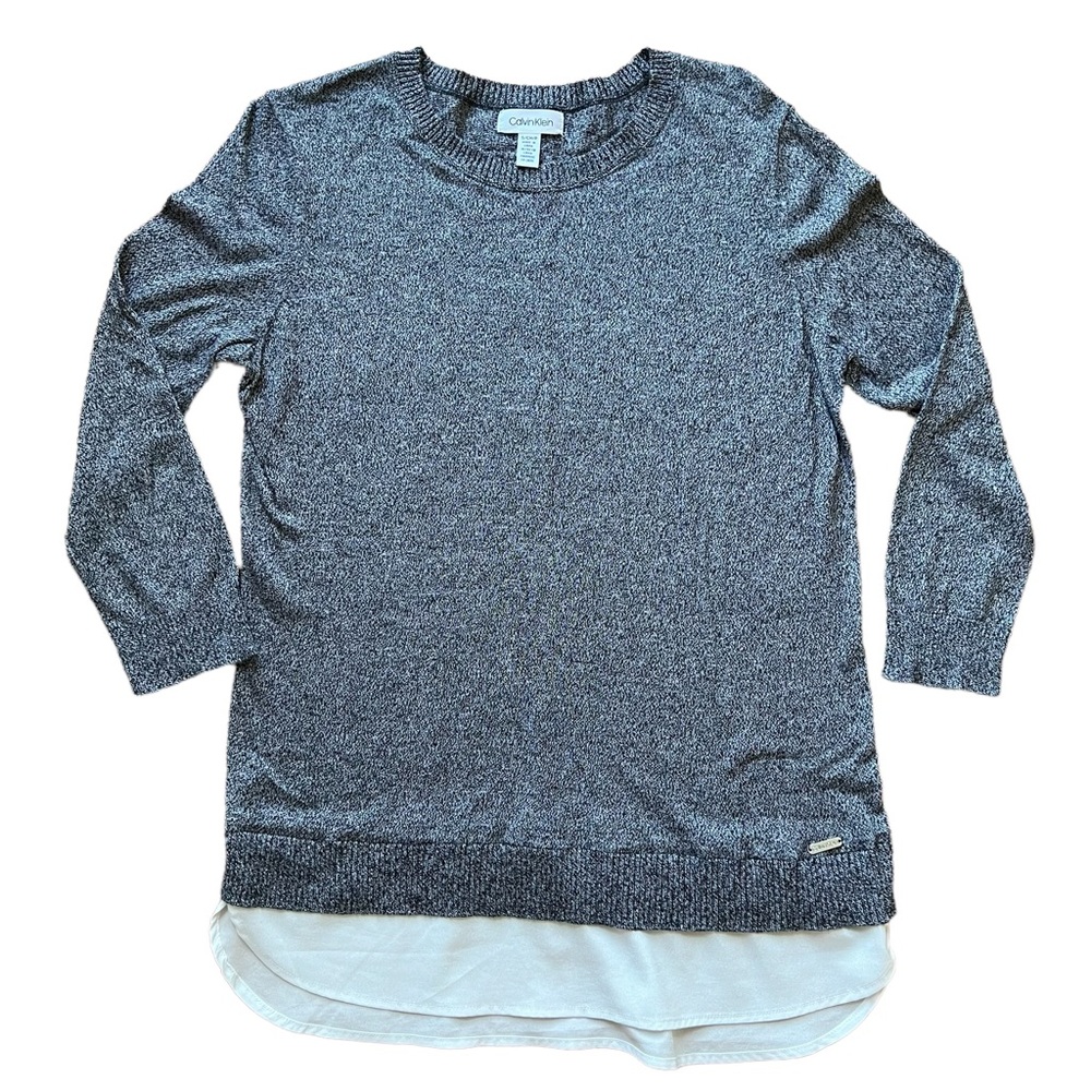 Calvin Klein Lightweight Sweater Top Size S Gray White 3/4 Sleeve Layered Look